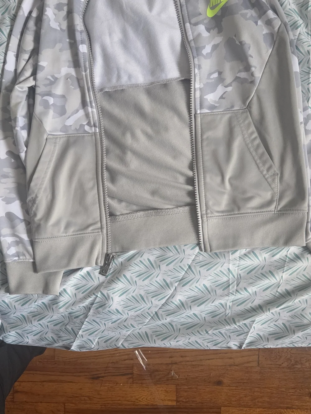 Nike Women's Gray Camo Bomber Jacket with Neon Yellow Logo
